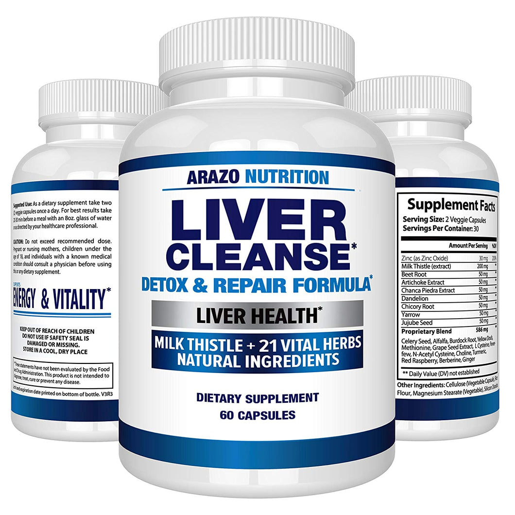 Liver Cleanse Detox & Repair Formula – 22 Herbs Support Supplement: Milk Thistle Extracts Silymarin, Beet, Artichoke, Dandelion, Chicory Root – Arazo Nutrition USA