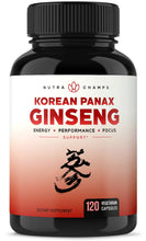 Load image into Gallery viewer, NutraChamps Korean Red Panax Ginseng 1000mg - 120 Vegan Capsules Extra Strength Root Extract Powder Supplement w/High Ginsenosides for Energy, Performance &amp; Focus Pills for Men &amp; Women