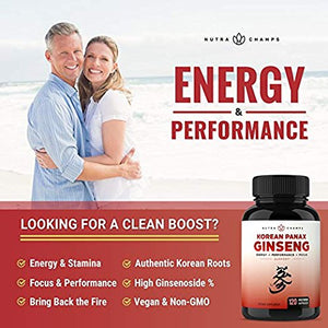 NutraChamps Korean Red Panax Ginseng 1000mg - 120 Vegan Capsules Extra Strength Root Extract Powder Supplement w/High Ginsenosides for Energy, Performance & Focus Pills for Men & Women