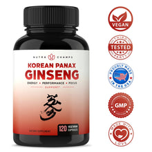 Load image into Gallery viewer, NutraChamps Korean Red Panax Ginseng 1000mg - 120 Vegan Capsules Extra Strength Root Extract Powder Supplement w/High Ginsenosides for Energy, Performance &amp; Focus Pills for Men &amp; Women