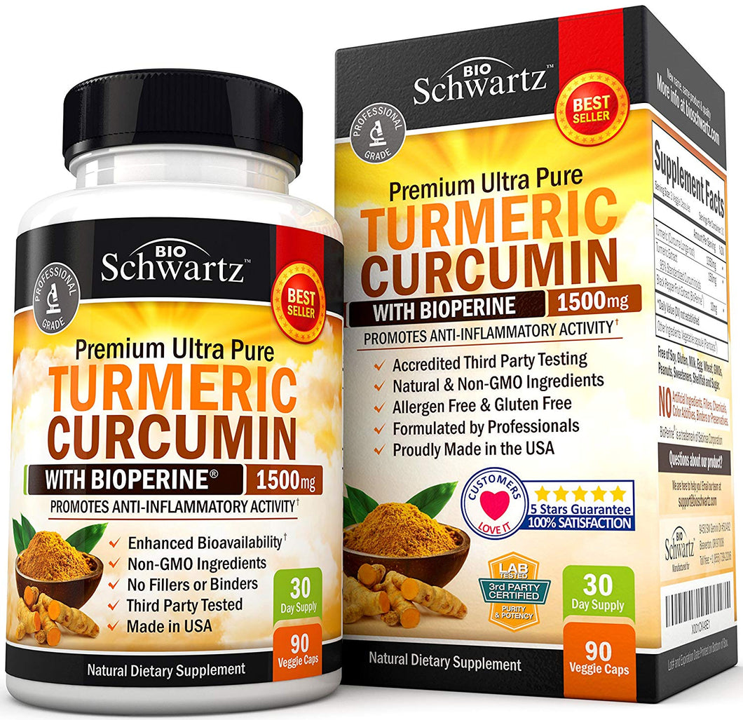 Turmeric Curcumin with Bioperine 1500mg. Highest Potency Available. Premium Pain Relief & Joint Support with 95% Standardized Curcuminoids. Non-GMO, Gluten Free Turmeric Capsules with Black Pepper